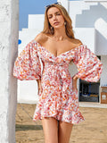 Flora print sexy V neck skirt irregular Ruffle Skirt Shoulder off dress