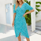 Irregular Floral Summer Casual V Neck Puff Sleeve Button ALine Women's Dress