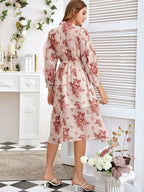 Floral Print Neck Tie Elastic Waist Lantern Sleeve Dress