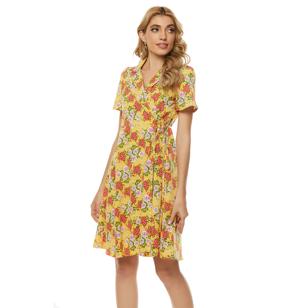 Floral Print Notched Lapel Self Tie Wrap Dress