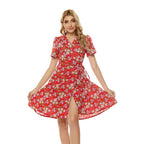 Floral Print Notched Lapel Self Tie Wrap Dress