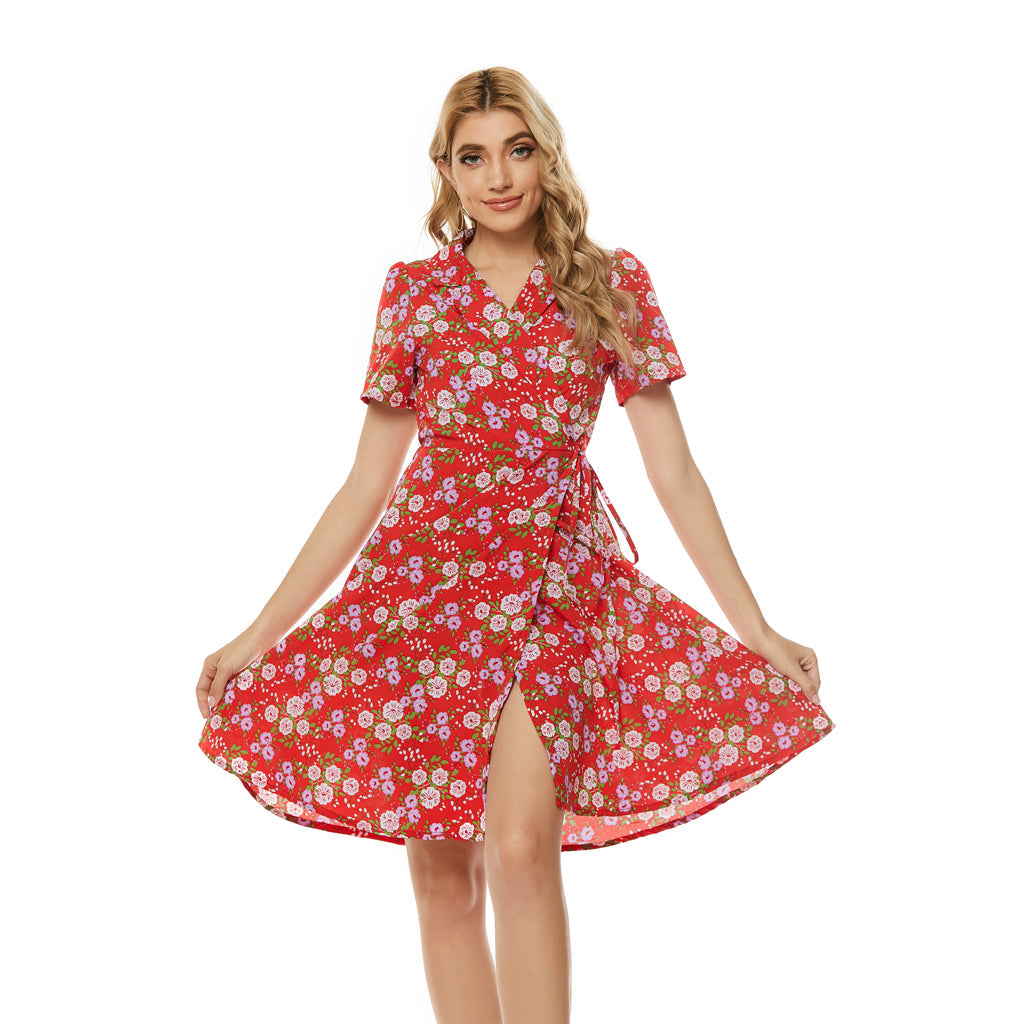 Floral Print Notched Lapel Self Tie Wrap Dress
