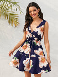 Floral Print Surplice Neck Drawstring Waist A Line Mini Dress
