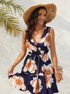 Floral Print Surplice Neck Drawstring Waist A Line Mini Dress