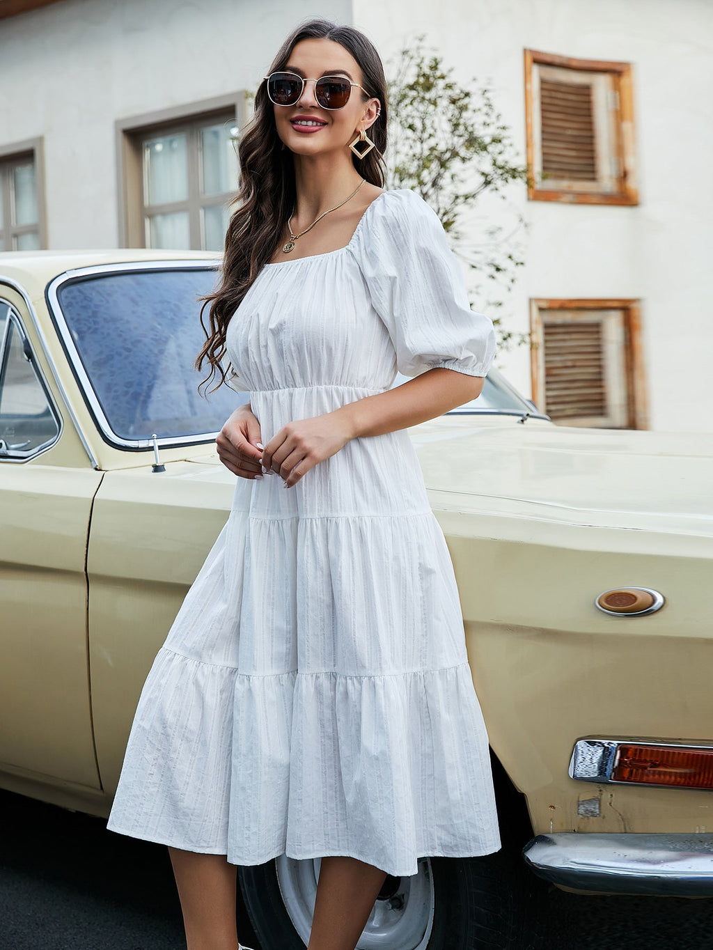 Floral Puff Sleeve Flare Hem Dress