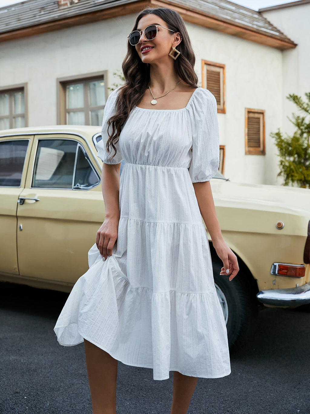 Floral Puff Sleeve Flare Hem Dress