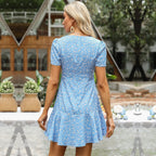 Floral V neck Pleated Wedding Holiday Skirt Dress