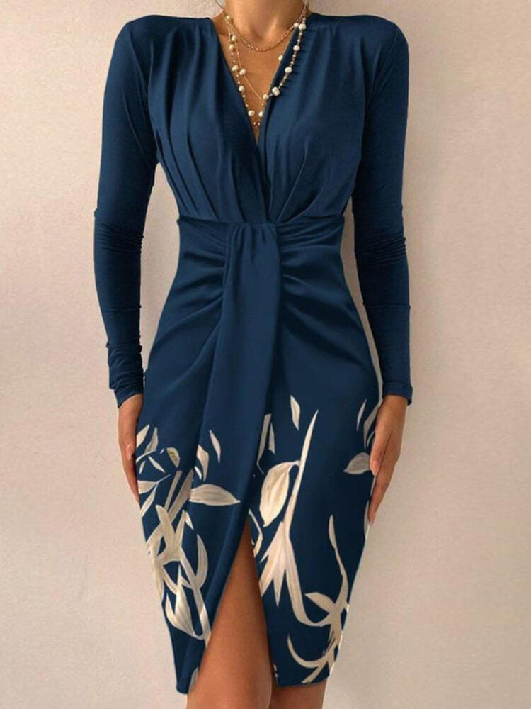 Floral Blue V-Neckline Ruched Front Slit Short Dress