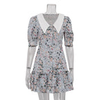 Floral Dress High Grade French Short Sleeve Collared Waist Tight Slimming Tea Break A line Dress