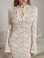 Flounce Sleeve Cut Out Tie Front Lace Mini Dress