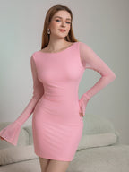 Flounce Sleeve Embellished Bow Tie Backless Mesh Dress