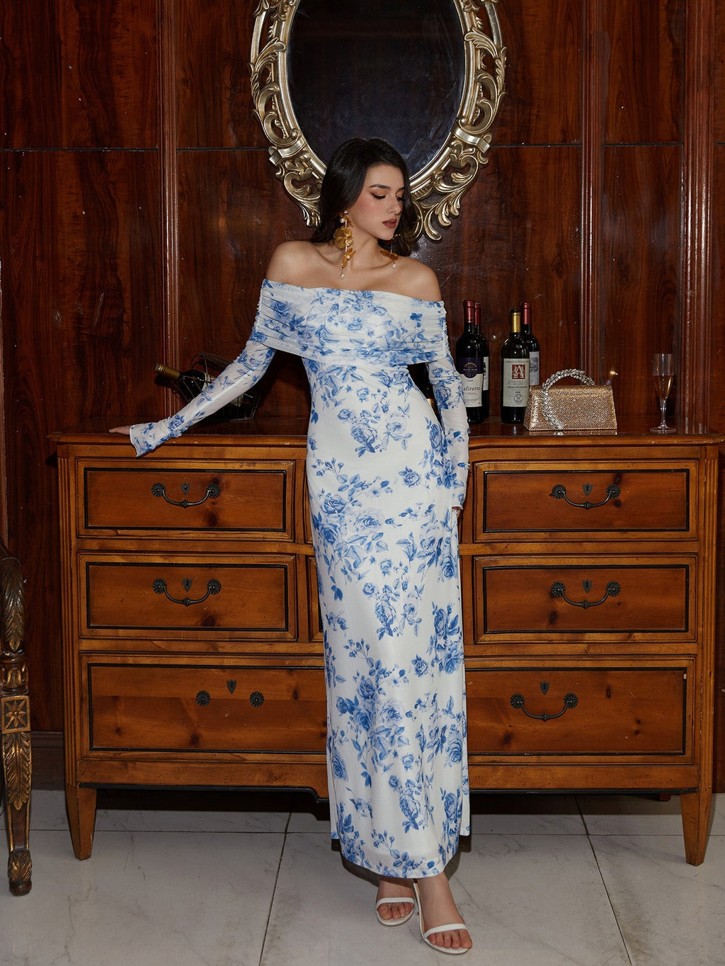 Flounce Sleeve Off Shoulder Mesh Bodycon Dress