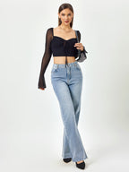 Flounce Sleeve Ruched Bust Zipper Back Crop Top