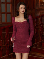 Flounce Sleeve Ruched Glitter Mini Dress