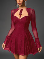 Flounce Sleeve Tie Front Glitter Mesh Flared Dress