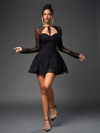 Flounce Sleeve Tie Front Glitter Mesh Flared Dress