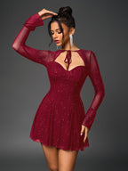 Flounce Sleeve Tie Front Glitter Mesh Flared Dress