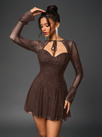 Flounce Sleeve Tie Front Glitter Mesh Flared Dress