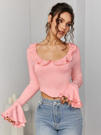 Flounce Sleeve Trim Tie Back Top