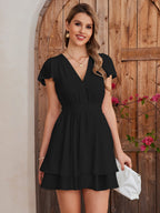 Fly Sleeve Ruched Waist Pleated Mini Dress