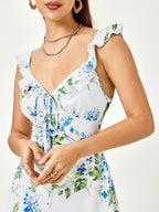 Fly Sleeve V-Neck Crisscross Tie Back Floral Print Dress