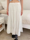 Folds Laceup White Maxi Skirts Woman Summer High Waist Aline Loose Faldas Casual Sweet Simple Preppy Style Cute Long Skirt