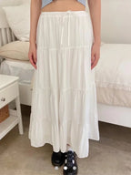 Folds Laceup White Maxi Skirts Woman Summer High Waist Aline Loose Faldas Casual Sweet Simple Preppy Style Cute Long Skirt