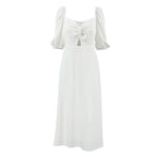 French Bubble Wrinkle Square Collar Slimming Puff Sleeve A line Dress Arrival
