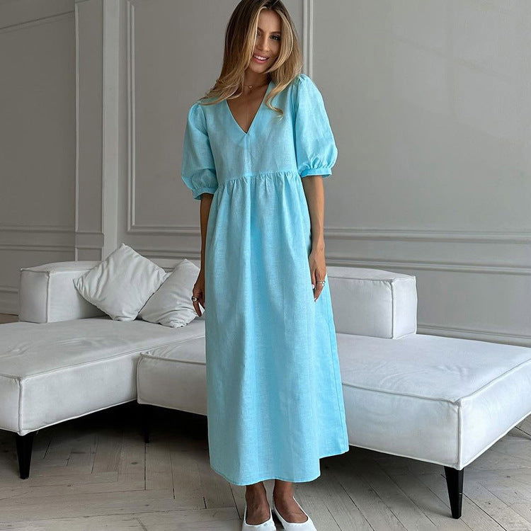 French Lightly Mature V neck Puff Sleeve Blue Dress Arrival Casual Dress