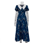 French Peter Pan Collar Short Sleeve Blue Floral Slimming High End Exquisite First Love Dress
