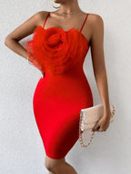 Floral Cami Braces Backless Red Party Dress