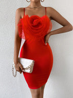 Floral Cami Braces Backless Red Party Dress