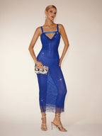 Backless Rhinestone Mesh Midi Dress