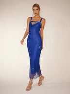 Backless Rhinestone Mesh Midi Dress