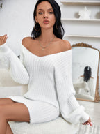 Fuzzy Knit V Neck Lantern Sleeve Sweater Dress