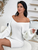 Fuzzy Knit V Neck Lantern Sleeve Sweater Dress