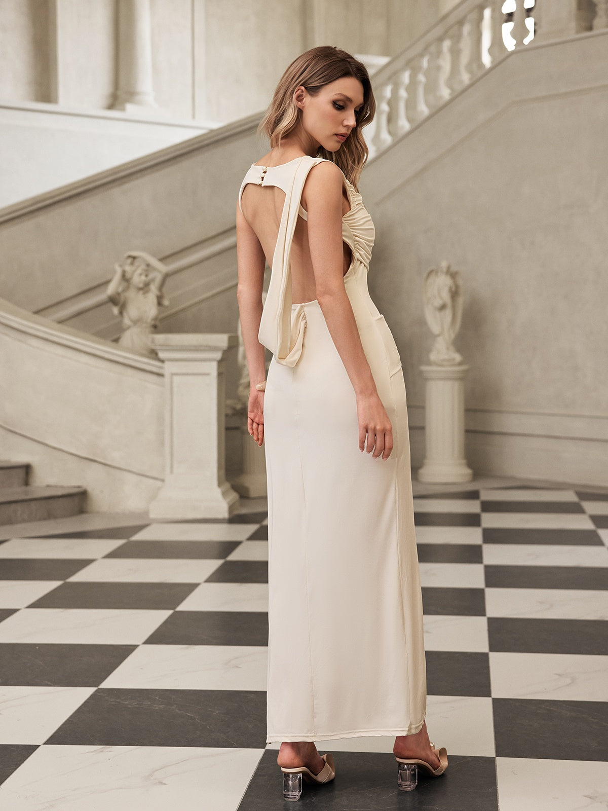 Backless Ruched Split Maxi Dress In White