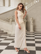 Backless Ruched Split Maxi Dress In White