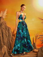 Halterneck Cutout Printed Maxi Dress