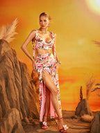 Floral Ruched Split Skirt Set