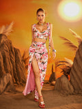 Floral Ruched Split Skirt Set