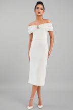 Zivaf White Beaded Rhinestone Midi Dress