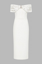 Zivaf White Beaded Rhinestone Midi Dress
