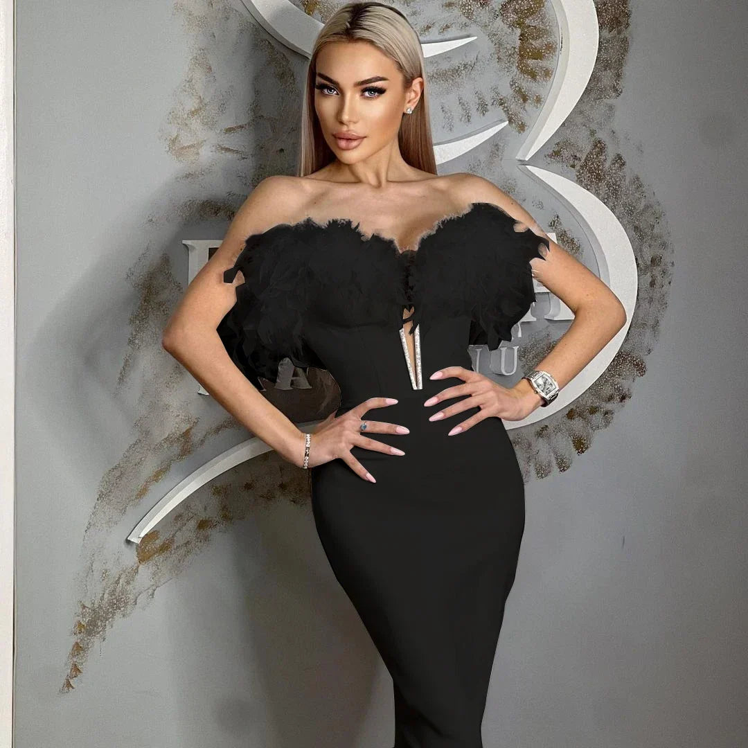 Feather Off-Shoulder Midi Party Dress