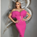 Feather Off-Shoulder Midi Party Dress