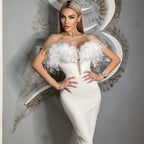 Feather Off-Shoulder Midi Party Dress