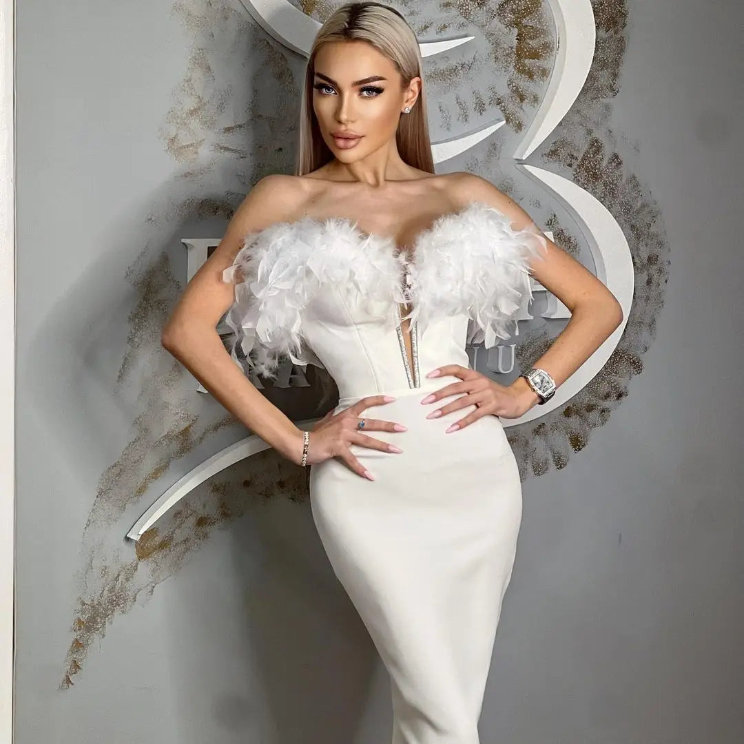 Feather Off-Shoulder Midi Party Dress