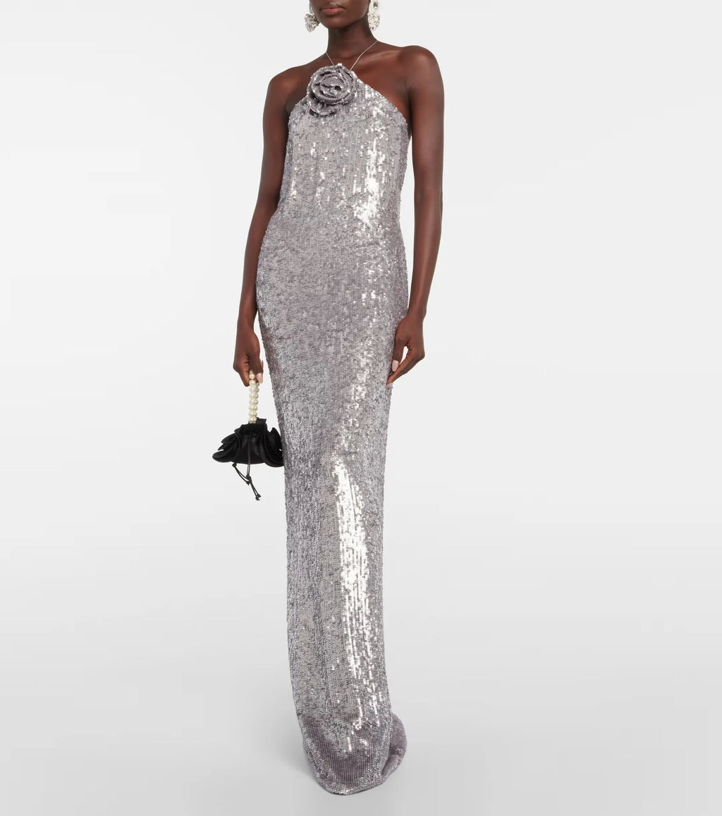 Silver Sequin Backless Evening Party Dress