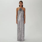 Silver Sequin Backless Evening Party Dress