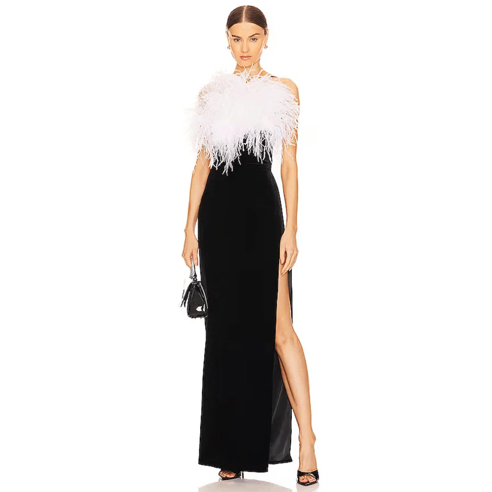 Feather Split Maxi Party Dress